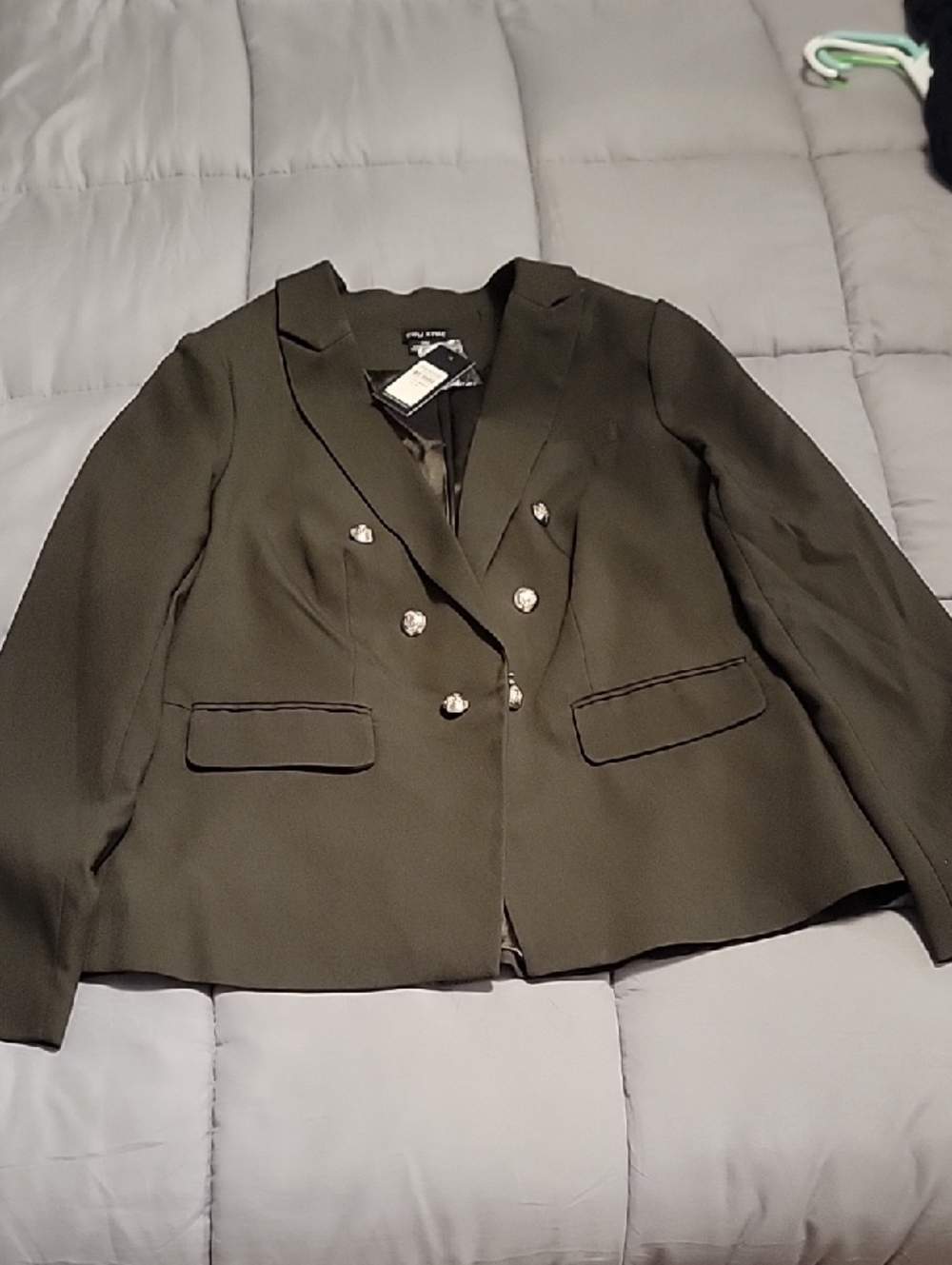 City Chic Olive Green Double-Breasted Blazer with Decorative Buttons